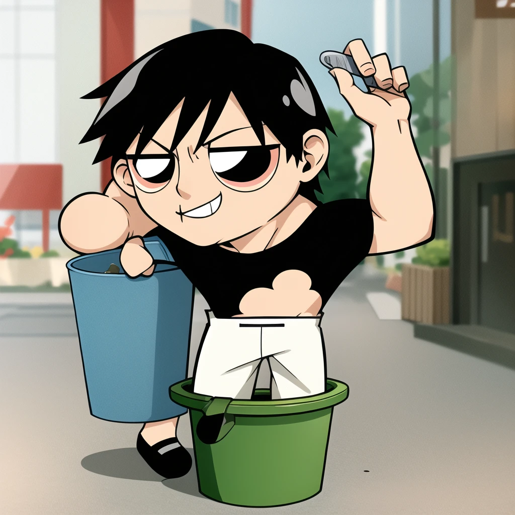 ushiguro toji, muscular male, black shirt, short sleeves, pants, cute smile, full body, chibi, black hair, rubbish bin background, (((Solo)))