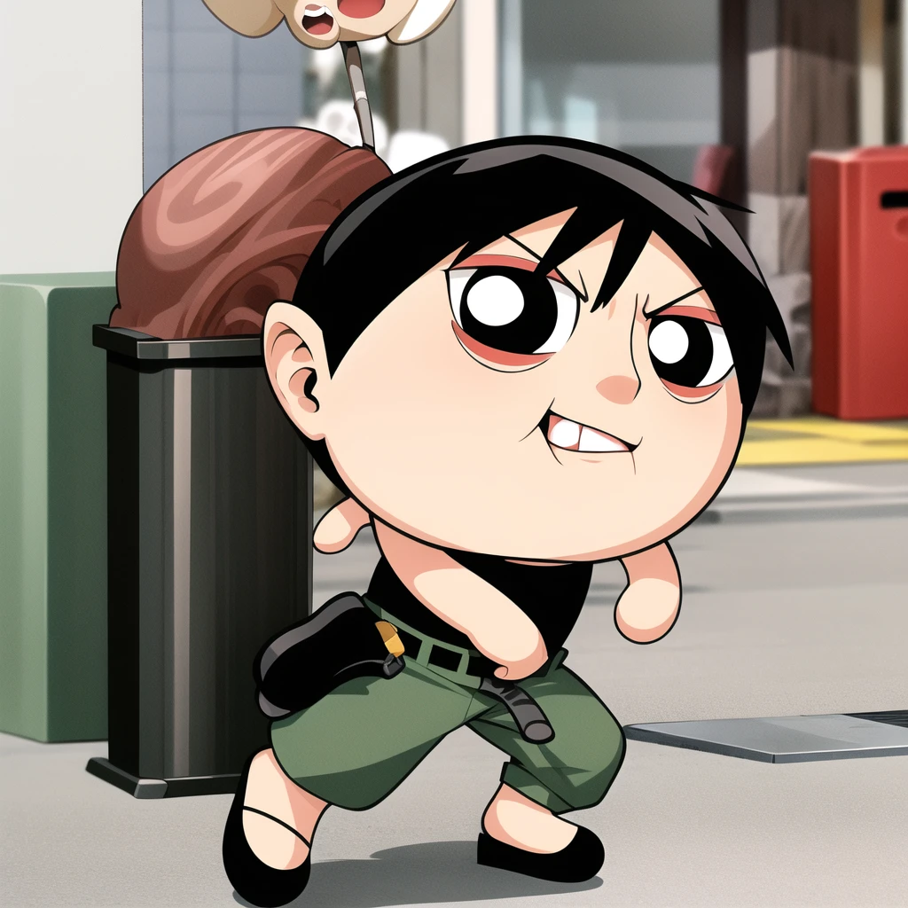 ushiguro toji, muscular male, black shirt, short sleeves, pants, cute smile, full body, chibi, black hair, rubbish bin background, (((Solo)))