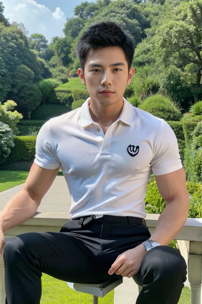 25 year old muscular Asian man, The face looks like that of an Indonesian artist., Bold and cool, Wear a tight white polo shirt., chest visible, Wear black trousers., ((in wonderland)), Pose, Photo model, Very high quality, Very high resolution,