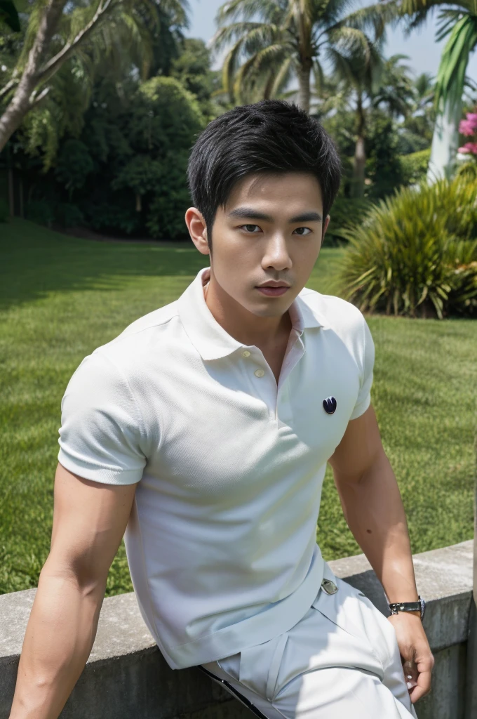 25 year old muscular Asian man, The face looks like that of an Indonesian artist., Bold and cool, Wear a tight white polo shirt., chest visible, Wear black trousers., ((in wonderland)), Pose, Photo model, Very high quality, Very high resolution,