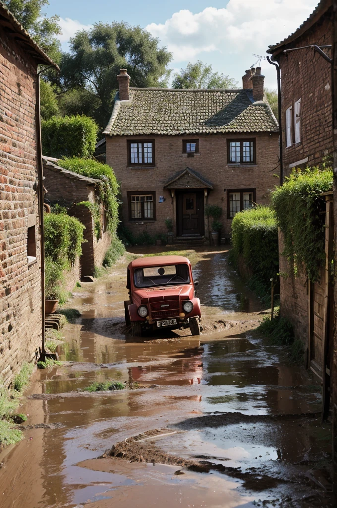 Create an image of an old village of 19th century muddy streets ordinary houses old fashioned villagers and a red old  ford with some muds and scratches moving slowly