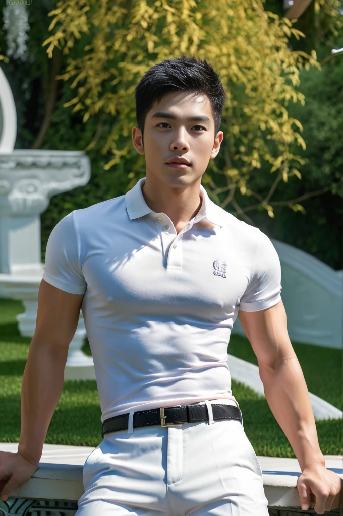 25 year old muscular Asian man, The face looks like that of an Indonesian artist., Bold and cool, Wear a tight white polo shirt., chest visible, Wear black trousers., ((in wonderland)), Pose, Photo model, Very high quality, Very high resolution,