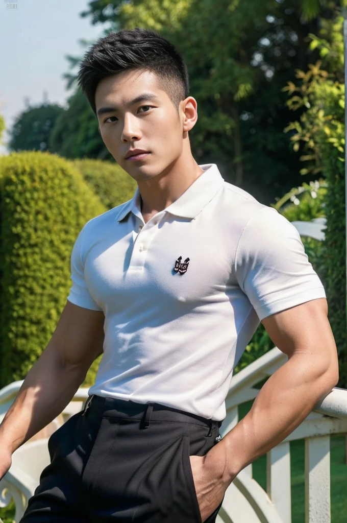 25 year old muscular Asian man, The face looks like that of an Indonesian artist., Bold and cool, Wear a tight white polo shirt., chest visible, Wear black trousers., ((in wonderland)), Pose, Photo model, Very high quality, Very high resolution,