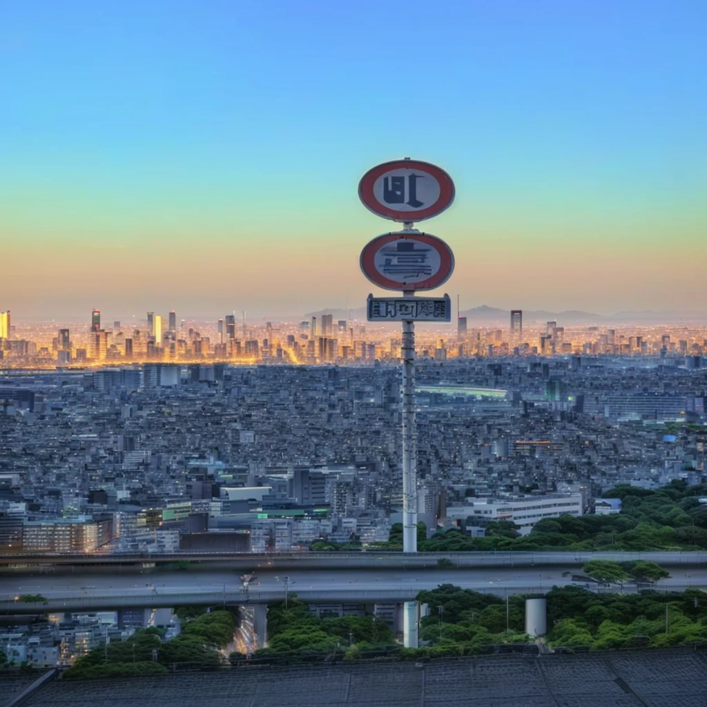 arafed view of a city with a highway and a sign, tokyo in the background, tokyo city in the background, japanese city, golden hour in tokyo, tokyo city, tokyo japan, entire city in view, new tokyo, super wide view of a cityscape, tokio futuristic in background, hdr photo, osaka skyline background, far view