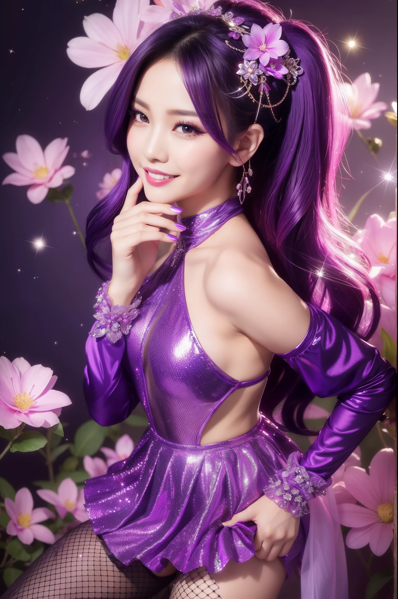 sexy Thai model who controls poison、beautiful smile、lipgloss、intense makeup、look at the camera、full body Esbian、、sparkling poisoned flower costume (purple)、、、、shiny sparkling multicolor hair、secrete poison、skull hair accessories、fishnet tights、shiny sparkling flowers background
