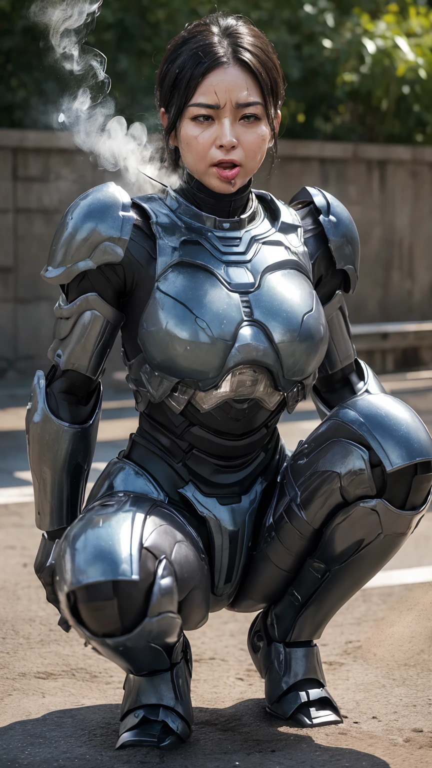 ((Middle-aged women))Textured skin, Super detailed, Attention to detail, high quality, 最high quality, High resolution, 1080P, , (Lie on your back)beautiful,(War Machine),beautifulサイボーグ女性,Mecha Cyborg Girl,()((Heavily damaged armor)),A woman with a feminine mechanical body、Kind Face　Black-haired,Full Body Shot) Boyish short hair、Soaked Face　Steam from the head　、A lot of sweat on the face、A blank look、Sleep on your back、Turn your face at an angle、Open your mouth((Sticking out tongue)、Smoke comes from the whole body((There are deep cracks in the armor all over his body.))(Spread your legs　is visible　squat　water　Chiquita　