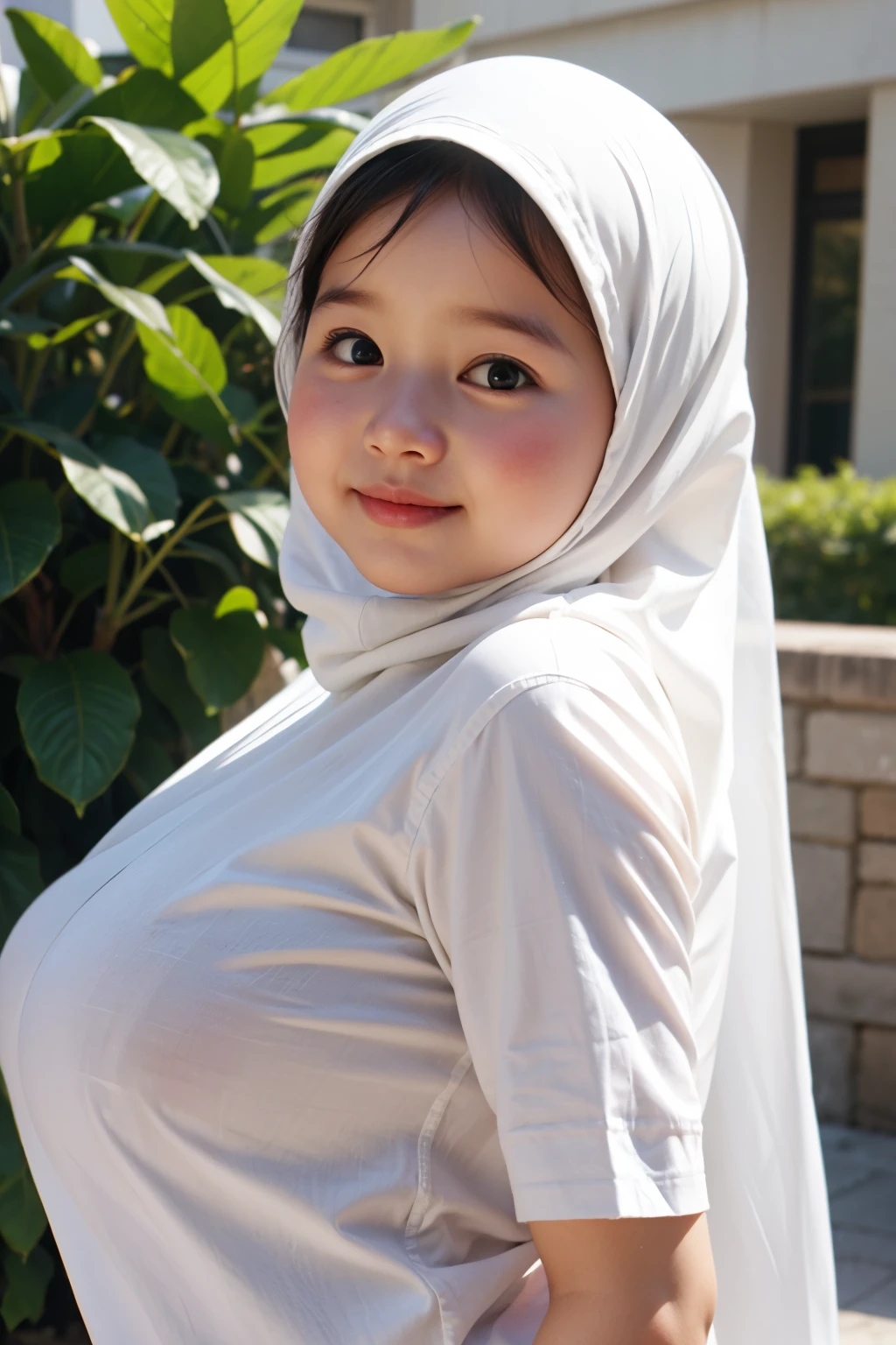 Big Ass Chubby adorable, 1 girl, (face to face), , baby face, hf body portrait, (face details: 1), (eye details: 1), ((big breasts)). wearing transparent transparency soft soft long shirt, hijab, .. Cute posed. proportional body. Ultra High Res. realistic: 1.4, UHD, (floral pattern), view from side seductive pose 