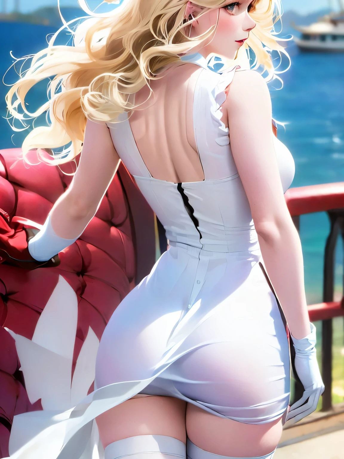 ((best quality)), ((masterpiece)), ((1girl)), solo, Ferry, ((long hair)), FerryBase, ((thighhighs)), bare shoulders, ((jewelry)), ((sleeveless)), white dress, blue skirt, ((gloves)), thigh-high, from behind.