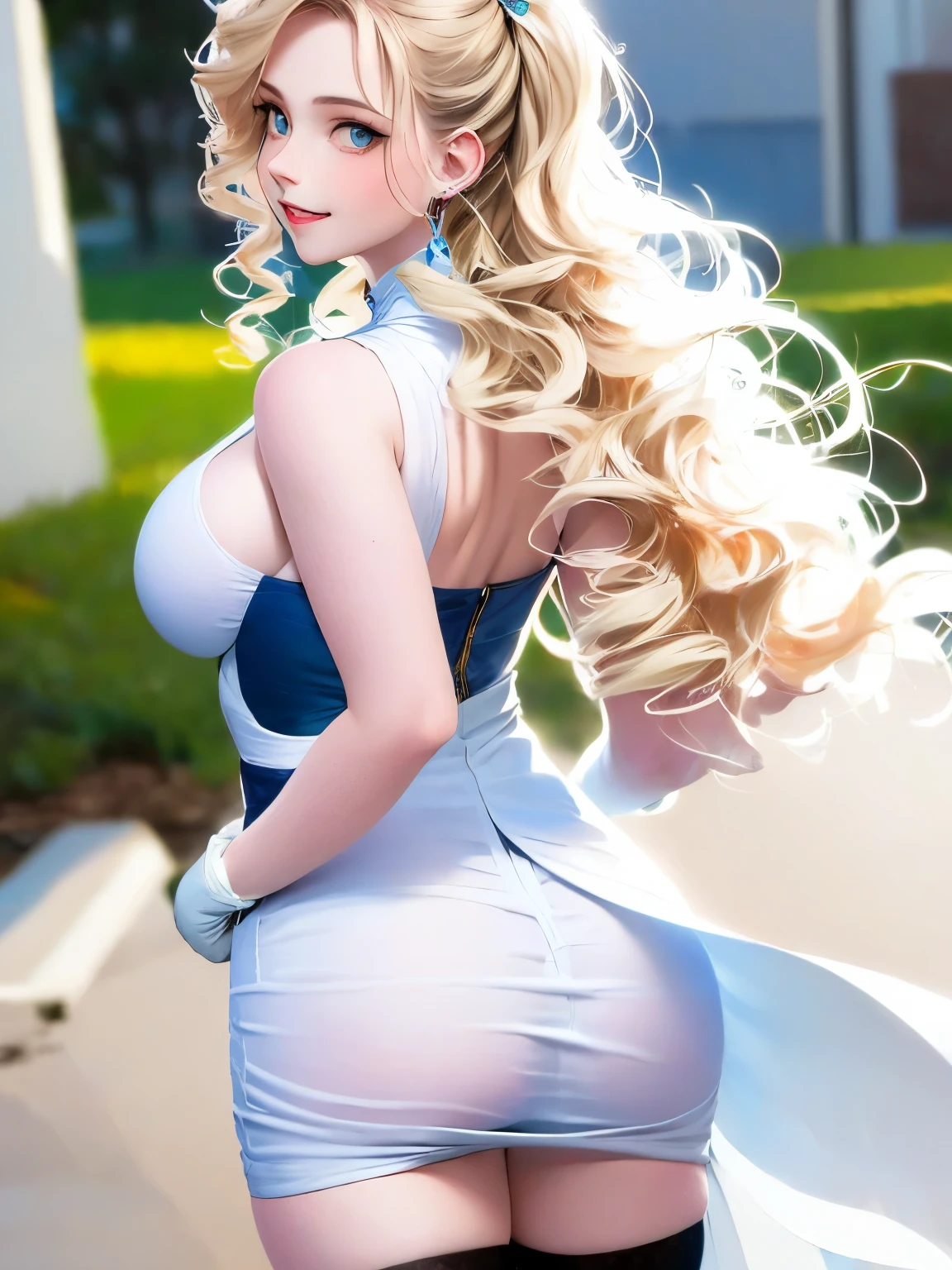 ((best quality)), ((masterpiece)), ((1girl)), solo, Ferry, ((long hair)), FerryBase, ((thighhighs)), bare shoulders, ((jewelry)), ((sleeveless)), white dress, blue skirt, ((gloves)), thigh-high, from behind.
