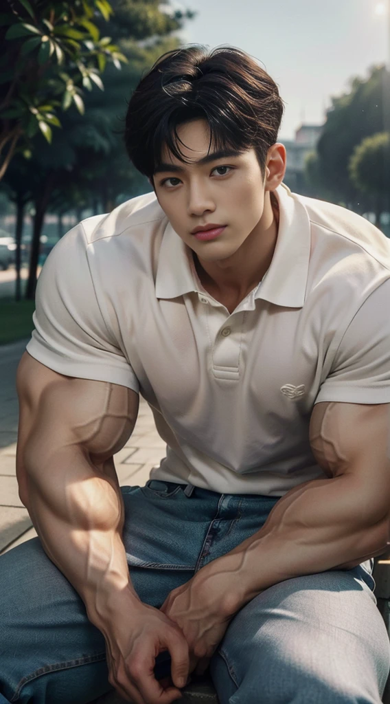 Thai man ,man，He is about 30 years old.，Rough and handsome appearance，Big muscleuscleหน้าอกขนาดใหญ่，(white polo shirt park:1.3)，Jeans ,Big waistline，chest hair，sitting on the roadside，Wearing the tongs，buzz cut, angry, sullen, best quality, Masterpiece，(outdoor background road :1.5)，（Have muscles：4.5），（fat：1.5），（gray hair：1.5 ），（gray body hair：1.5），（skin wrinkles：1.5），（shine on the skin：1.5），(best quality,High resolution,Masterpiece:1.2),The eyes are natural and delicate.,1 person,alone,gay asian,muscle,Long legs,brave,short hair details,conjunctivitis ,stalwart,brown eyes,in the bedroom,