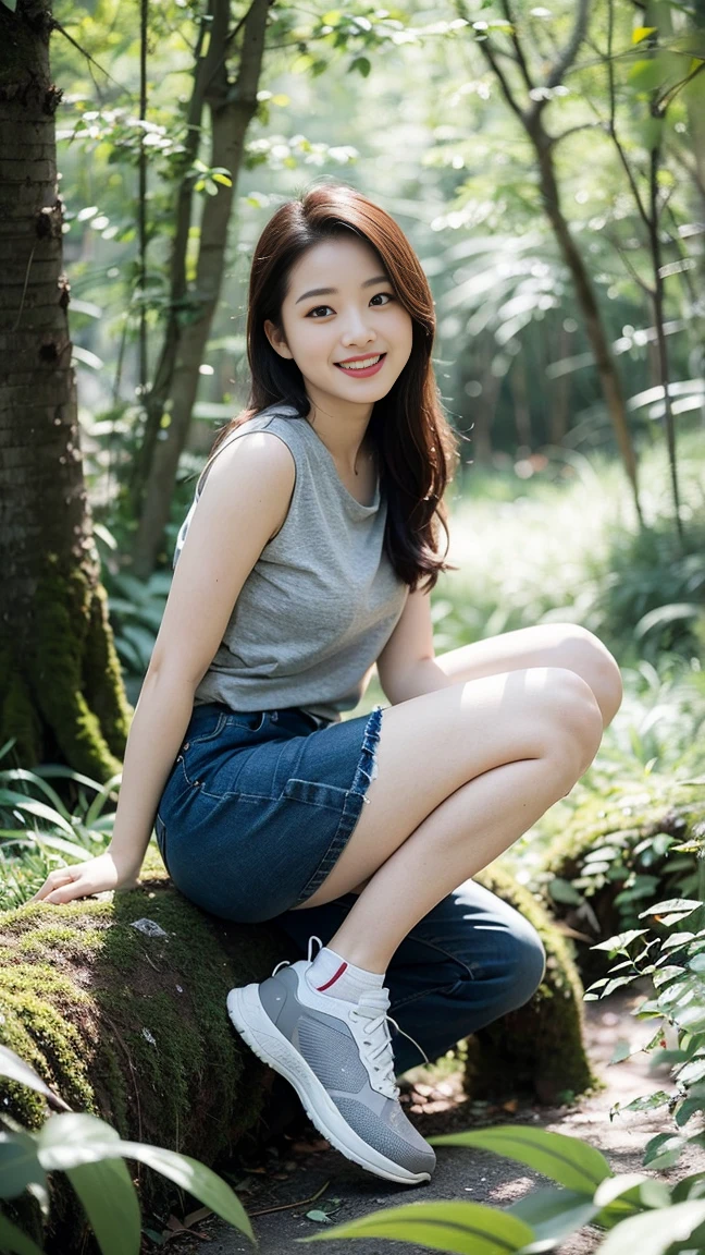 masterpiece, best quality, Surreal, Ultra Detailed, 8k resolution, RAW photos, Clear focus, (A girl in the forest), ((light gray shirt:1.1)),  sleeveless, sports Shorts,Full body posture, Solitary, Perfect body, Become a, 32 inches in the chest,(a charming smile:1), (sexy pose)，26 years old, light,White shoes