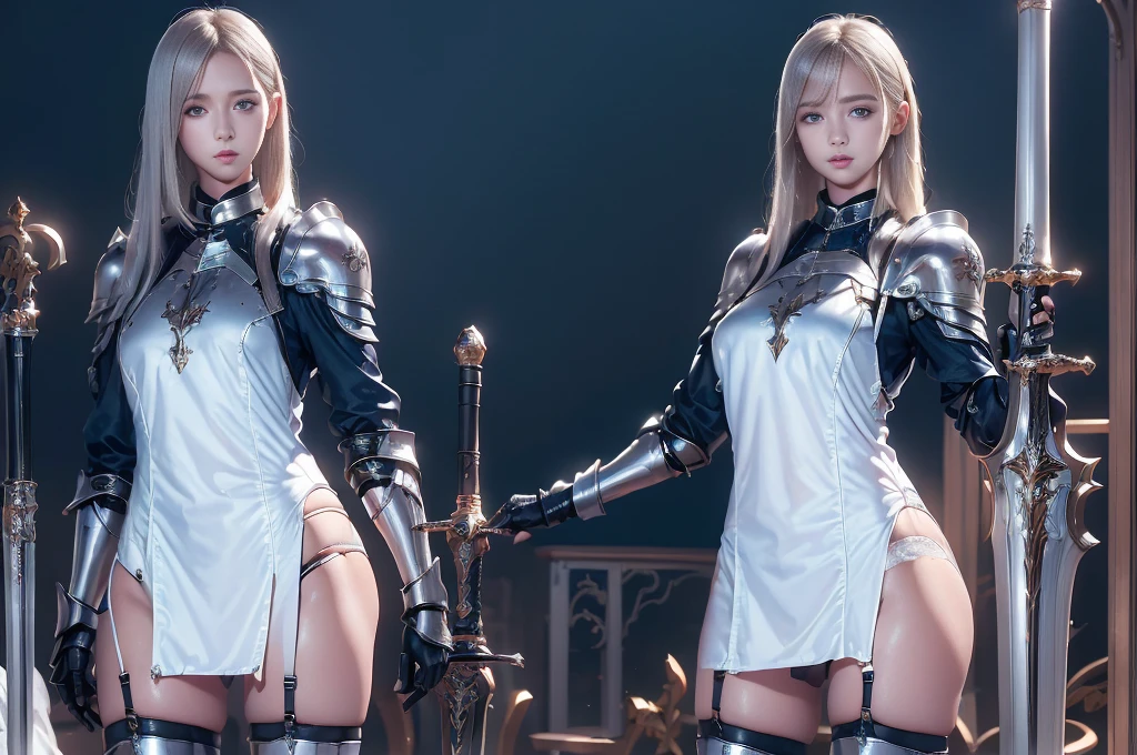 Top quality, masterpiece, very high resolution, (photorealistic: 1.4), Raw photo, 2 girls, long straight blond hair cut in a bob, light blue eyes, (beautiful breasts)、shiny skin、(( (beautiful detailed European faces)))、With a beautiful sword and shield、gorgeous and resplendent luminous girls,(Beautiful silver sexy armor、(((Random straight hair))),(((beautiful legs))), (proportionate breasts ), Seductive look, ((Background of beautiful decaying dungeon ruins)), (Ultimate beauty), (Detailed and realistic beauty face), ((see pantie)), (Small LED), ((Super realistic details)), portlate, global lighting, Shadow, octane rendering, 8k, ultra-sharp, exposed raw skin in neckline, metals, Intricate ornament details, very intricate details, Lightweight and realistic (Mystical expression), CGSoation trend, bright eyes, Facing the camera), Gundam, Small LED.
