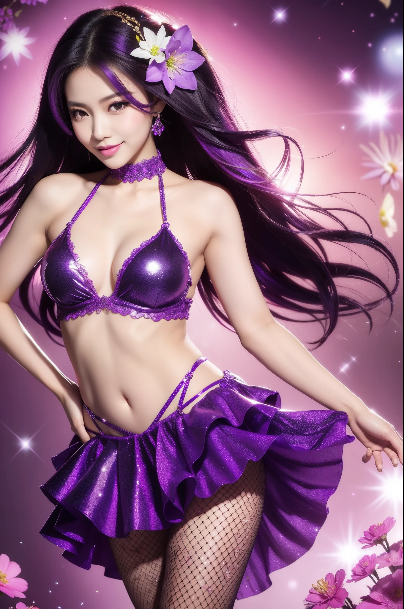 sexy Thai model who controls poison、beautiful smile、lipgloss、intense makeup、look at the camera、full body Esbian、、sparkling poisoned flower costume (purple)、、、、shiny sparkling multicolor hair、secrete poison、skull hair accessories、fishnet tights、shiny sparkling flowers background