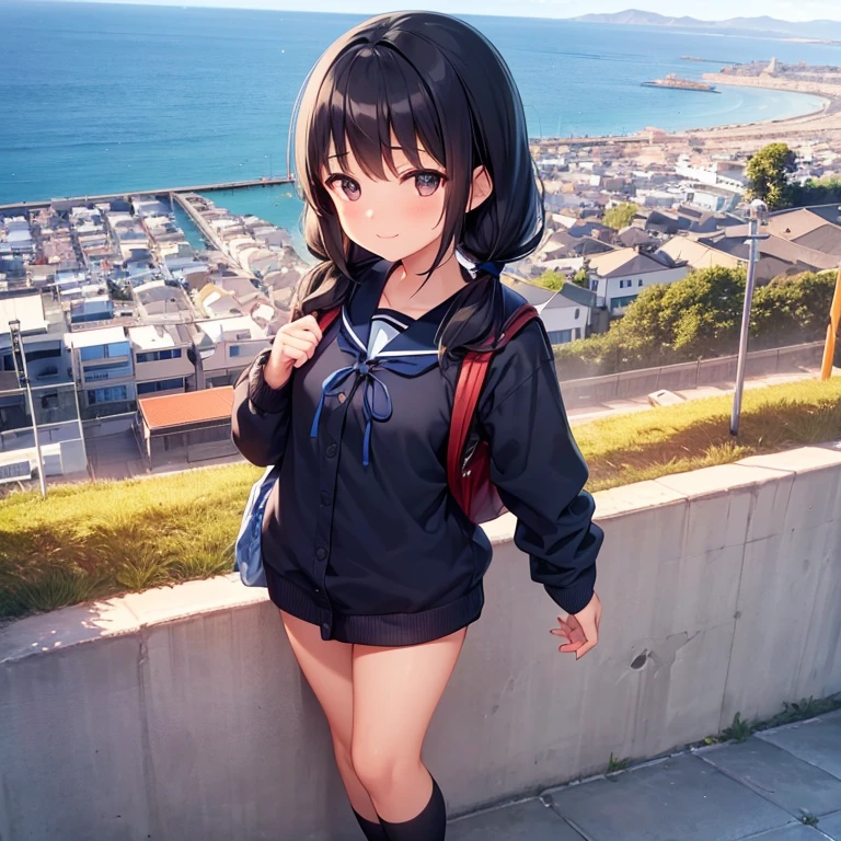 best quality, detailed, masterpiece, 1 girl, standing, gentle smile, 15yo, (low twintails:1.4), low pigtails, black hair, long hair, (navy blue sailor suit with blue ribbon:1.2), long sleeves, (dark brown eyes), (school bag), BREAK, from the front, from few above, POV, alone, (steep downhill), long hill straight road to the back, electric pole, electric cable, hill city, housing, cityscape, sea in the distance, nice view, 15 o'clock, orange sky, animation