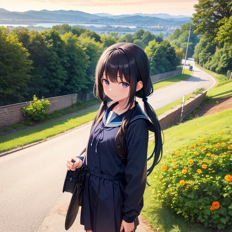 best quality, detailed, masterpiece, 1 girl, standing, gentle smile, 15yo, (low twintails:1.4), low pigtails, black hair, long hair, (navy blue sailor suit with blue ribbon:1.2), long sleeves, (dark brown eyes), (school bag), BREAK, from the front, from few above, POV, alone, (steep downhill), long hill straight road to the back, electric pole, electric cable, hill city, housing, cityscape, sea in the distance, nice view, 15 o'clock, orange sky, animation
