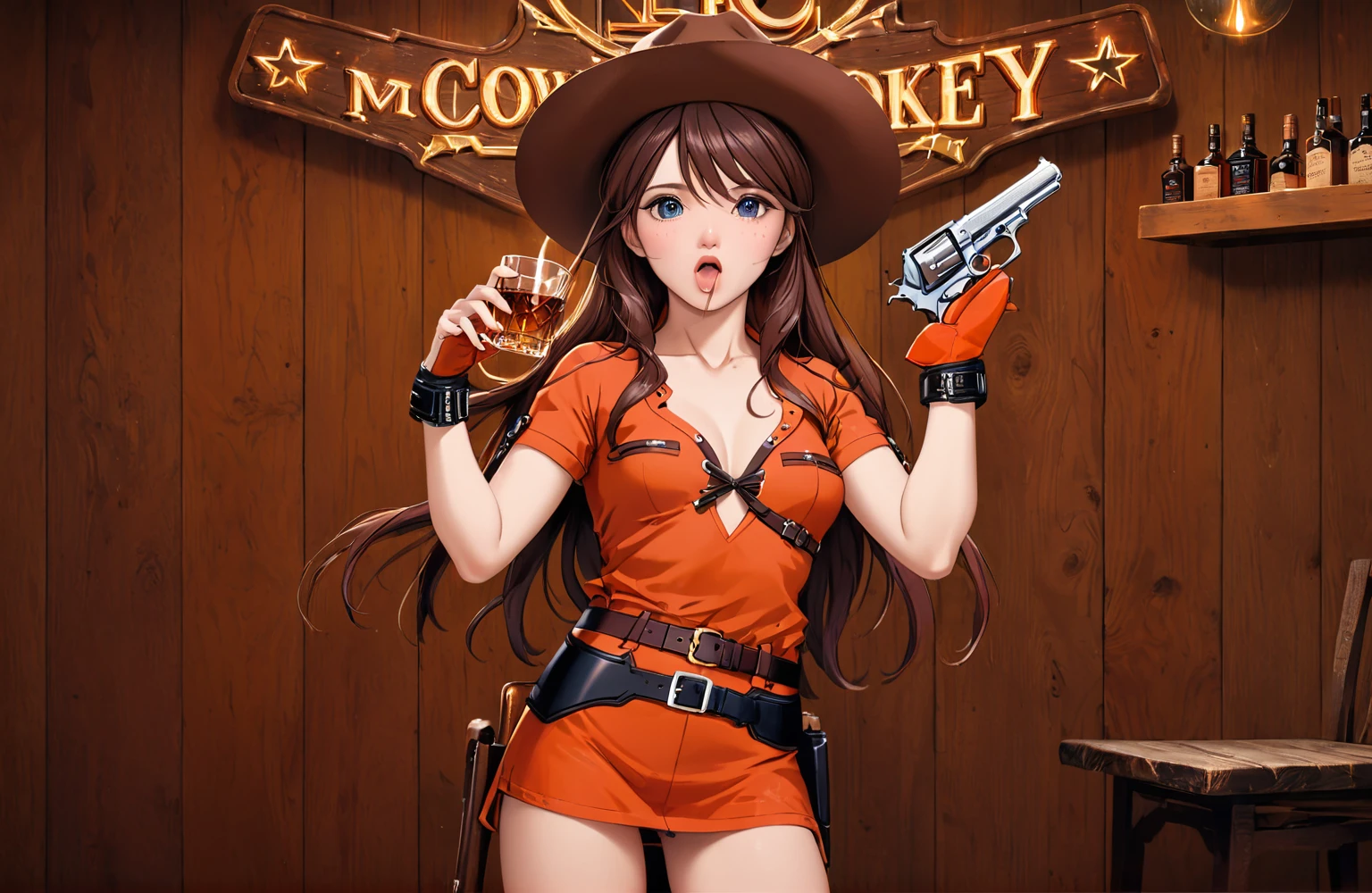 (((1 person:2.0))),(((NSFW:1.5))),(((wearing a bikini:1.2))),(((Brown swimsuit:1.2)))(((Wearing a gun belt with a holster:1.8))),,((Wear a watch on your wrist:1.5))),(((Showing cleavage))),(((Exposed thin inner thighs))),(((Small breasts:1.5))),(((Bare arms))),(((Wearing boots:1.5))),((Blushed face:1.8)), Beautiful detailed girl, Very detailed目と顔, 緻密でBeautiful Eyes, Very detailed, High resolution, Highest quality, masterpiece, Very detailed, 8k wallpaper, wonderful, finely, Highest quality,(Standing in front of a wooden wall),Beautiful Eyes,((Engage your audience:1.5)),((Cowboy Shot:1.5))),((Front shot:1.2)),((Place your right hand to your mouth:1.7)),((Drinking whiskey:1.4)),(((Drunk,Crying hard:1.2))),(((Straddling a chair:1.2)))