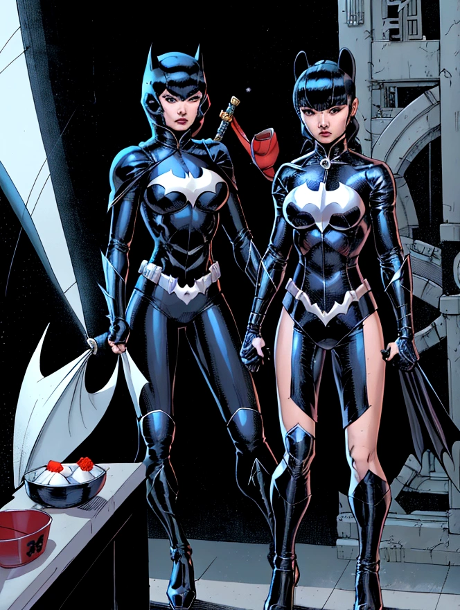 superhero, modern super hero costume, white bat costume, style like the black mouse suit and the Batman suit, suit for girl, ninja, with a Chinese sword, Beautiful Chinese woman, Chinese woman with bangs, courageous character, Kind, Brave, determination, on the battlefield