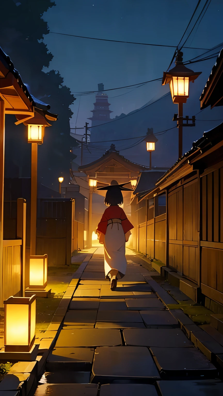 A magical town with a Ghibli-inspired, traditional Japanese atmosphere, featuring a serene hot spring and charming stone-paved streets lit by lanterns, with a girl in a kimono walking down the path at night.
