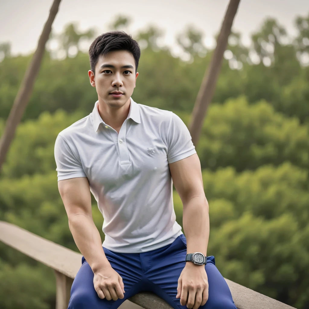 Thai man ,man，He is about 30 years old.，Rough and handsome appearance，Big muscleuscleหน้าอกขนาดใหญ่，(white polo shirt park:1.3)，Jeans ,Big waistline，chest hair，sitting on the roadside，Wearing the tongs，buzz cut, angry, sullen, best quality, Masterpiece，(outdoor background road :1.5)，（Have muscles：4.5），（fat：1.5），（gray hair：1.5 ），（gray body hair：1.5），（skin wrinkles：1.5），（shine on the skin：1.5），(best quality,High resolution,Masterpiece:1.2),The eyes are natural and delicate.,1 person,alone,gay asian,muscle,Long legs,brave,short hair details,conjunctivitis ,stalwart,brown eyes,in the bedroom,