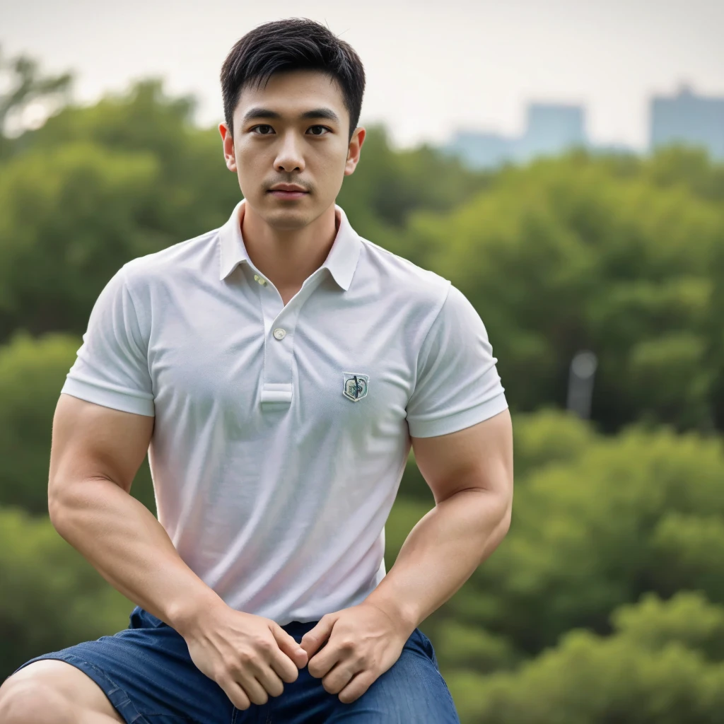 Thai man ,man，He is about 30 years old.，Rough and handsome appearance，Big muscleuscleหน้าอกขนาดใหญ่，(white polo shirt park:1.3)，Jeans ,Big waistline，chest hair，sitting on the roadside，Wearing the tongs，buzz cut, angry, sullen, best quality, Masterpiece，(outdoor background road :1.5)，（Have muscles：4.5），（fat：1.5），（gray hair：1.5 ），（gray body hair：1.5），（skin wrinkles：1.5），（shine on the skin：1.5），(best quality,High resolution,Masterpiece:1.2),The eyes are natural and delicate.,1 person,alone,gay asian,muscle,Long legs,brave,short hair details,conjunctivitis ,stalwart,brown eyes,in the bedroom,