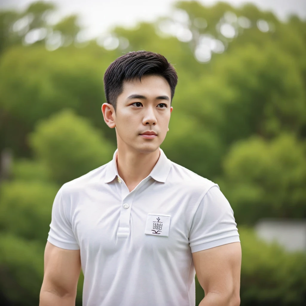 Thai man ,man，He is about 30 years old.，Rough and handsome appearance，Big muscleuscleหน้าอกขนาดใหญ่，(white polo shirt park:1.3)，Jeans ,Big waistline，chest hair，sitting on the roadside，Wearing the tongs，buzz cut, angry, sullen, best quality, Masterpiece，(outdoor background road :1.5)，（Have muscles：4.5），（fat：1.5），（gray hair：1.5 ），（gray body hair：1.5），（skin wrinkles：1.5），（shine on the skin：1.5），(best quality,High resolution,Masterpiece:1.2),The eyes are natural and delicate.,1 person,alone,gay asian,muscle,Long legs,brave,short hair details,conjunctivitis ,stalwart,brown eyes,in the bedroom,