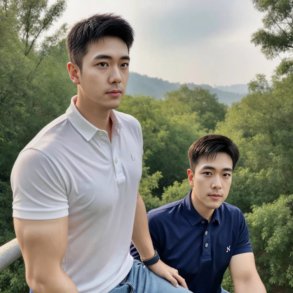 A male police officer in his 20s poses for a group photo., Wear a navy blue polo shirt., high resolution, Masterpiece, best quality, head:1.3,, Smooth and fine skin, clear focus, (movie light), during the night, gentle light, Dynamic angle, (detailed face:1.2), (((exercise))), sport, His arm muscles were very big., hand in crotch, in his bedroom ,natural and delicate,