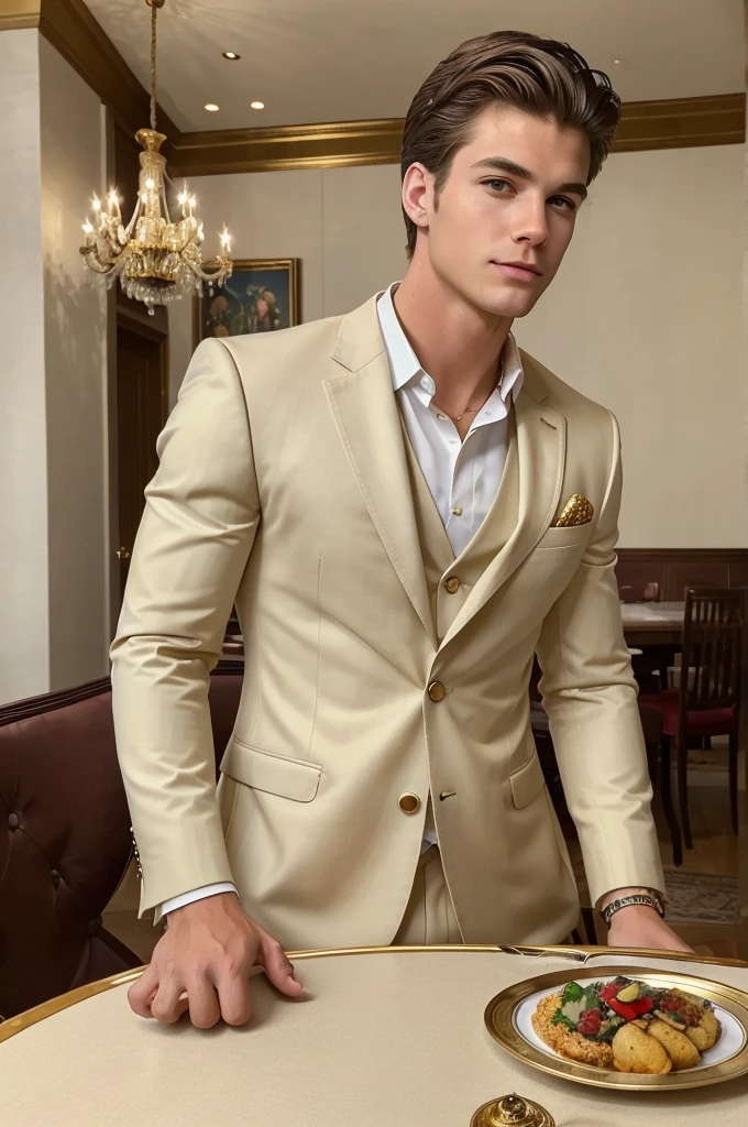((best quality)), ((masterpiece)), (detailed), perfect faceA fit handsome rich white boy in suit and gold locket in neck ,sitting in luxury dining hall and eating luxury vegetarian food on a large dining table. And bodyguard standing back with advanced guns and advanced gadget
