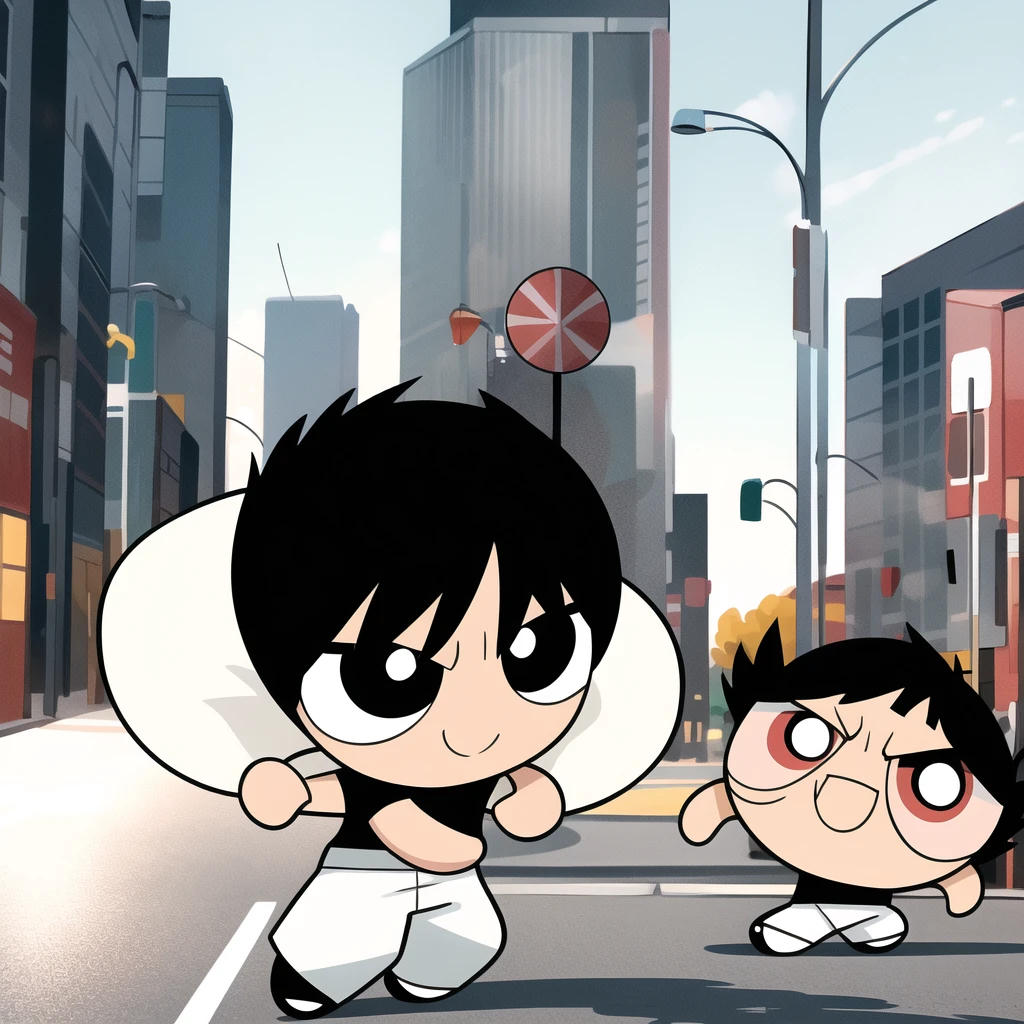 ushiguro toji, muscular male, black shirt, short sleeves, pants, cute smile, full body, chibi, black hair, rubbish bin background, (((Solo)))