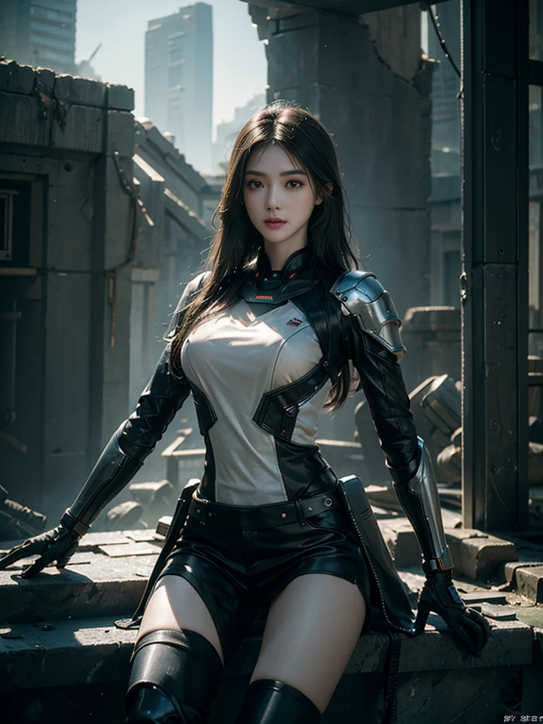 ((best quality)), ((masterpiece)), (Very detailed:1.3), 3d,Shitu-mecha, Beautiful cyberpunk woman with her mech in the ruins of the city of the forgotten war, Bare legs，Full body close-up，technology,Human Development Report (High Dynamic Range),Ray Tracing,nvidia RTX,Super Resolution,Unreal 5,Subsurface scattering,PBR Textures,Post-Processing,Anisotropic filtering,Depth of Field,Maximum clarity and sharpness,Multi-layered textures,Albedo and Specular Maps,Surface Shading,Accurate simulation of the interaction between light and material,Perfect proportion,Octane Rendering,Two-color lighting,Low ISO,White Balance,Rule of Thirds,Large aperture,8K Native,High-efficiency sub-pixel,Sub-pixel convolution,Glowing particles,Light Scattering,Tyndall effect
