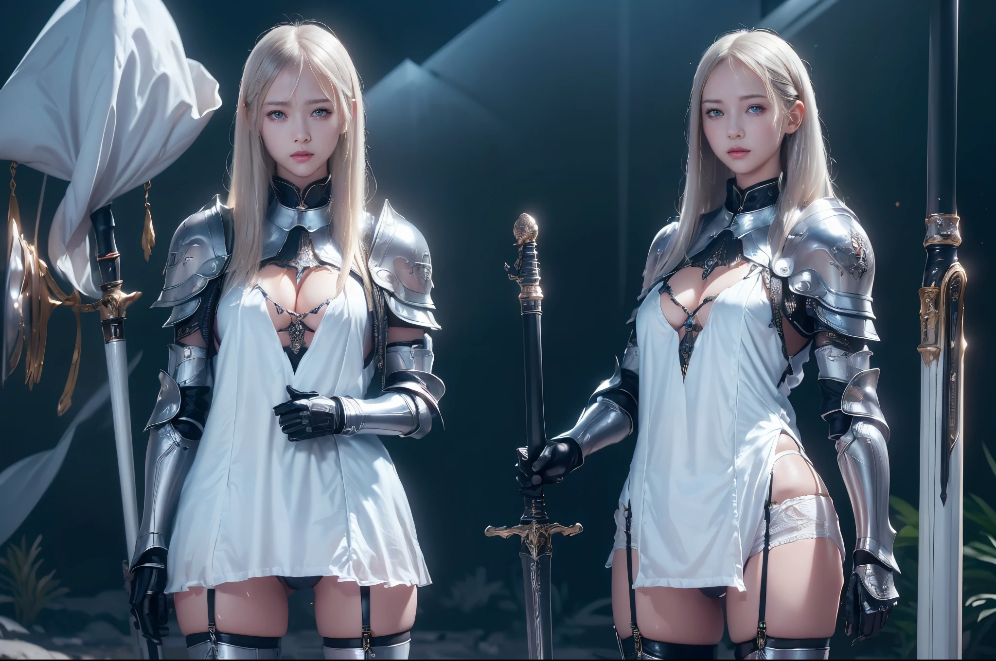 Top quality, masterpiece, very high resolution, (photorealistic: 1.4), Raw photo, 2 girls, long straight blond hair cut in a bob, light blue eyes, (beautiful breasts)、shiny skin、(( (beautiful detailed European faces)))、With a beautiful sword and shield、gorgeous and resplendent luminous girls,(Beautiful silver sexy armor、(((Random straight hair))),(((beautiful legs))), (proportionate breasts ), Seductive look, ((Background of beautiful decaying dungeon ruins)), (Ultimate beauty), (Detailed and realistic beauty face), ((see pantie)), (Small LED), ((Super realistic details)), portlate, global lighting, Shadow, octane rendering, 8k, ultra-sharp, exposed raw skin in neckline, metals, Intricate ornament details, very intricate details, Lightweight and realistic (Mystical expression), CGSoation trend, bright eyes, Facing the camera), Gundam, Small LED.