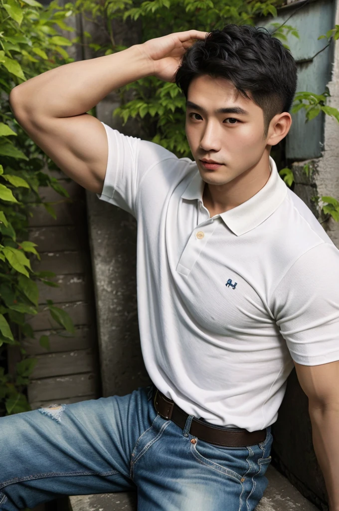 Thai man ,man，He is about 30 years old.，Rough and handsome appearance，Big muscleuscleหน้าอกขนาดใหญ่，(white polo shirt park:1.3)，Jeans ,Big waistline，chest hair，sitting on the roadside，Wearing the tongs，buzz cut, angry, sullen, best quality, Masterpiece，(outdoor background road :1.5)，（Have muscles：4.5），（fat：1.5），（gray hair：1.5 ），（gray body hair：1.5），（skin wrinkles：1.5），（shine on the skin：1.5），(best quality,High resolution,Masterpiece:1.2),The eyes are natural and delicate.,1 person,alone,gay asian,muscle,Long legs,brave,short hair details,conjunctivitis ,stalwart,brown eyes,in the bedroom,