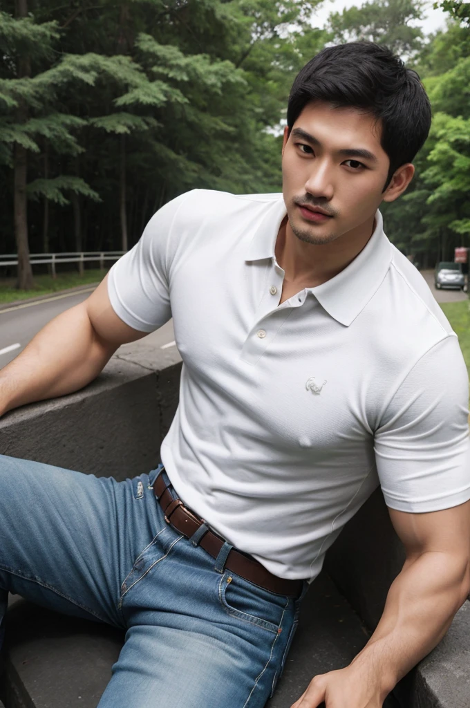 Thai man ,man，He is about 30 years old.，Rough and handsome appearance，Big muscleuscleหน้าอกขนาดใหญ่，(white polo shirt park:1.3)，Jeans ,Big waistline，chest hair，sitting on the roadside，Wearing the tongs，buzz cut, angry, sullen, best quality, Masterpiece，(outdoor background road :1.5)，（Have muscles：4.5），（fat：1.5），（gray hair：1.5 ），（gray body hair：1.5），（skin wrinkles：1.5），（shine on the skin：1.5），(best quality,High resolution,Masterpiece:1.2),The eyes are natural and delicate.,1 person,alone,gay asian,muscle,Long legs,brave,short hair details,conjunctivitis ,stalwart,brown eyes,in the bedroom,