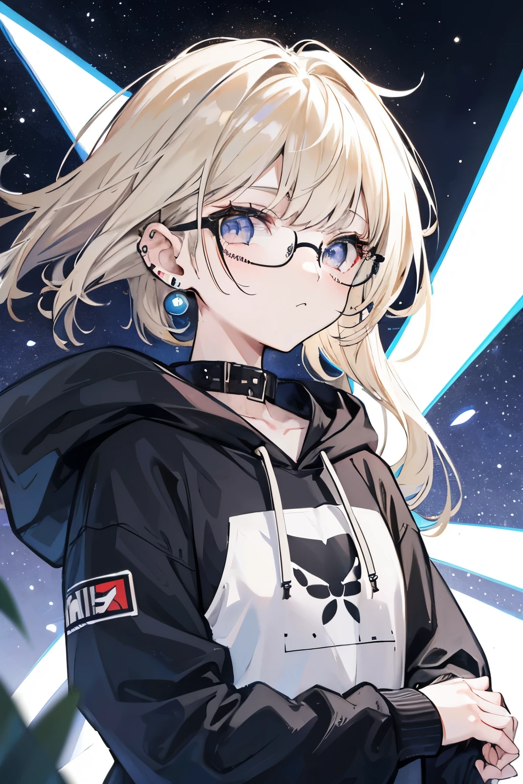1girl, front face, (short mullet_hairstyle:1.2), hair down, blunt_bangs, Black_bangs, The sides and back of the hair are blonde, wearing Black-rimmed under-rimmed glasses、black_eyes, Hoodie with space pattern in blue, Three simple silver ball piercings in the right earlobe、Two piercings in the cartilage of his right ear、Two simple silver ball earrings on the left earlobe