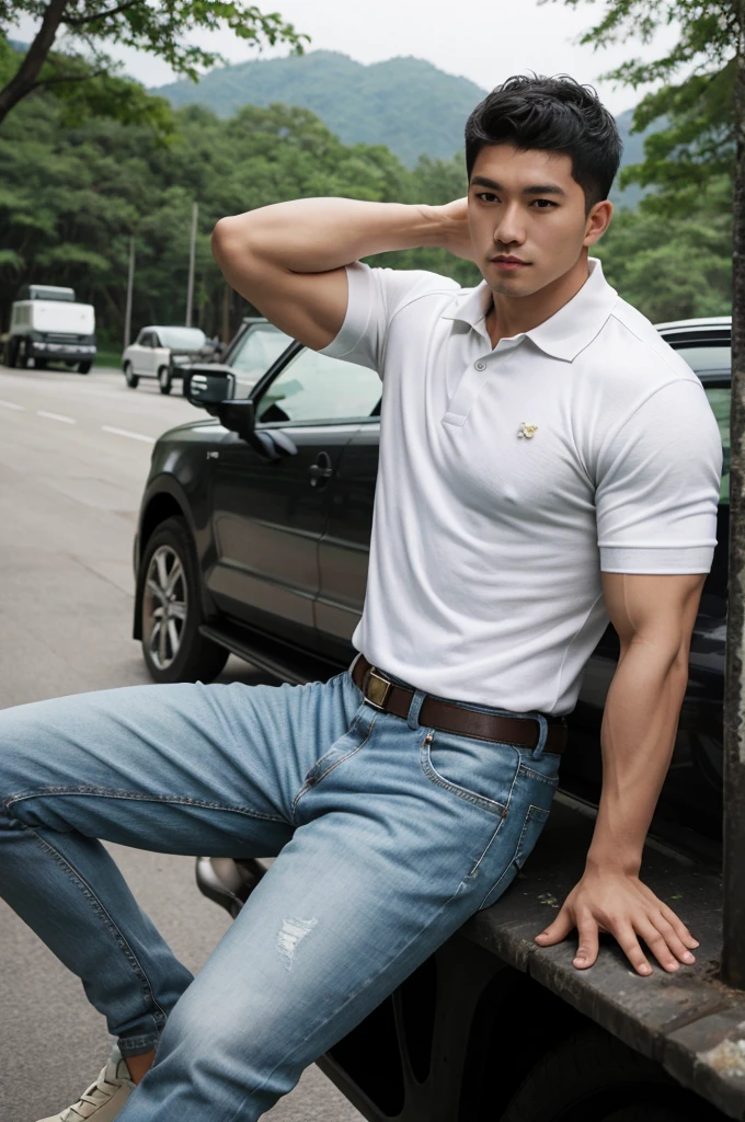 Thai man ,man，He is about 30 years old.，Rough and handsome appearance，Big muscleuscleหน้าอกขนาดใหญ่，(white polo shirt park:1.3)，Jeans ,Big waistline，chest hair，sitting on the roadside，Wearing the tongs，buzz cut, angry, sullen, best quality, Masterpiece，(outdoor background road :1.5)，（Have muscles：4.5），（fat：1.5），（gray hair：1.5 ），（gray body hair：1.5），（skin wrinkles：1.5），（shine on the skin：1.5），(best quality,High resolution,Masterpiece:1.2),The eyes are natural and delicate.,1 person,alone,gay asian,muscle,Long legs,brave,short hair details,conjunctivitis ,stalwart,brown eyes,in the bedroom,