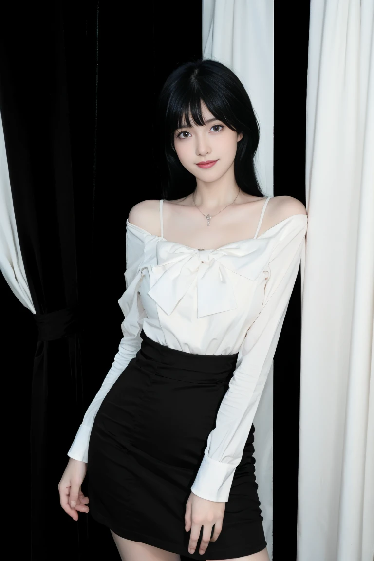 best quality, tmasterpiece,Ultra-high resolution,Clear face,(Reality:1.4),ferpect lighting,(upper body shot:1.5), (photorealistic:1.50), anime wallpaper, Guviz style artwork, cover-up fantasy up to magic , by Yang J, Guviz, beautiful artwork illustration, beautiful digital artwork, beautiful digital illustration, Li Song, beautiful anime portrait, art style in Beauvot,1girl,black hair,bangs, smile,(front:1.3),(standing:1.3),cowboy shot,
Sweet girl outfit5, high waist skirt, Black skirt,indoor,In the room, pose Selfi, (Curtain Background:1.3), mirror,