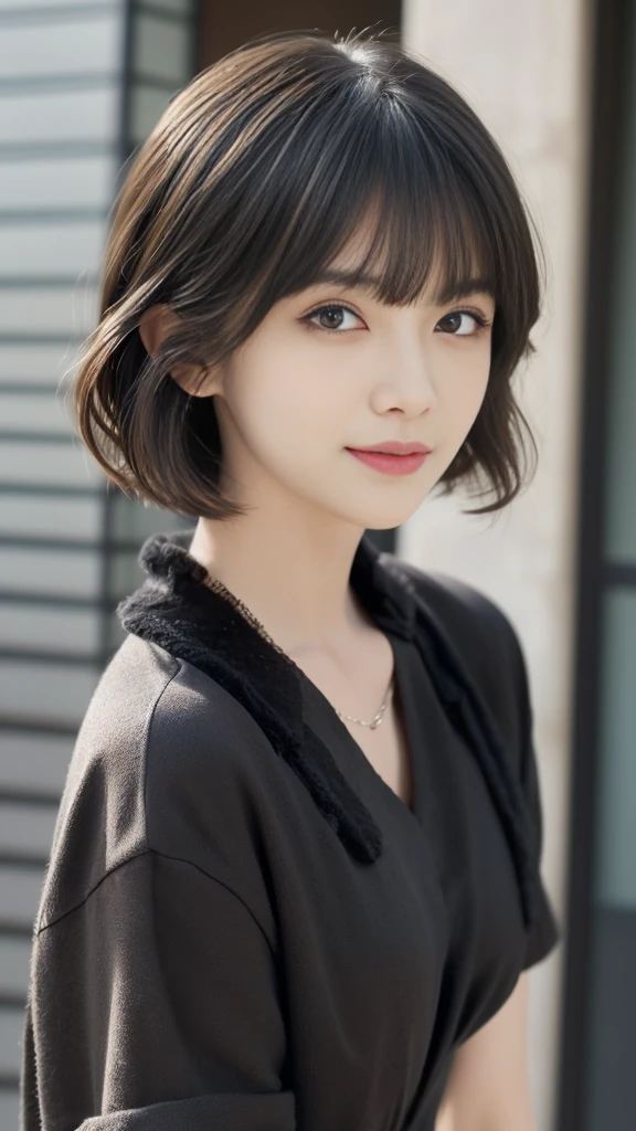 (Highest quality, Very detailed, masterpiece:1.2), 1 women, Very thin body, length, Thin legs, ((Black wavy short hair:1.2)), ((Thick and fluffy bangs)), Very detailedな顔,A faint smile, small, Thin Nose, small thin mouth, Extremely sharply focused eyes, Japanese, Beautiful Face, Realistic eyes, Beautiful and beautiful eyes, Realistic Skin, Beautiful Skin, charm, (A vivid face), Beautiful Hairstyles,((Over Size Tシャツ),((脇を見せる,腕を上げる)),Creepy and unique hairstyles,下からのアングル, High resolution, Vibrant color palette, Mysterious and mysterious stone wall, Amazing place,Characteristic dark shadows and strange details, background, Backwards