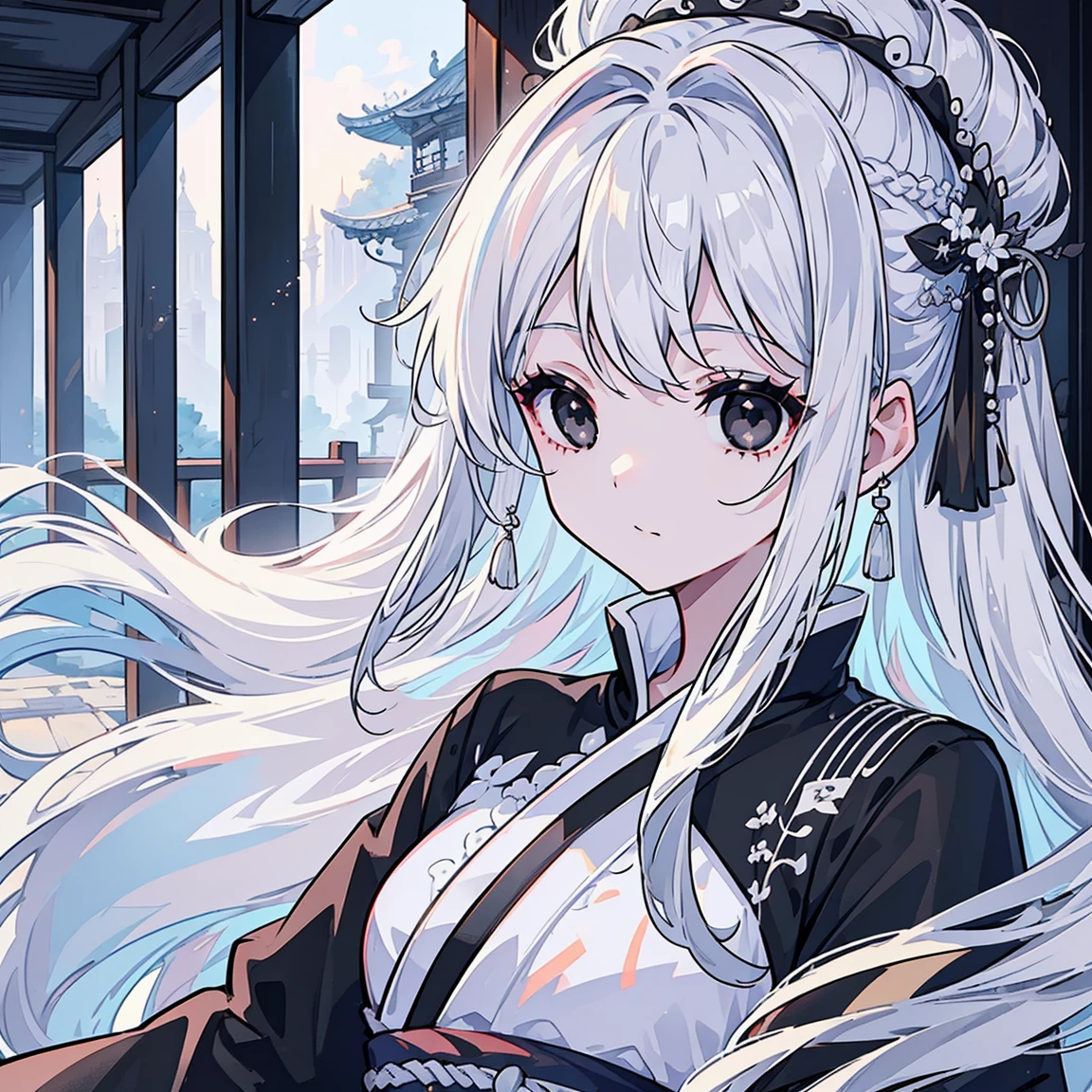 (Top image quality)、(Ultra Detailed)、(Facing forward)、top quality、masterpiece、((((1 girl))))、Silver Hair、white hair、((Long hair))、(black eyes:1.6)、(Hanfu)