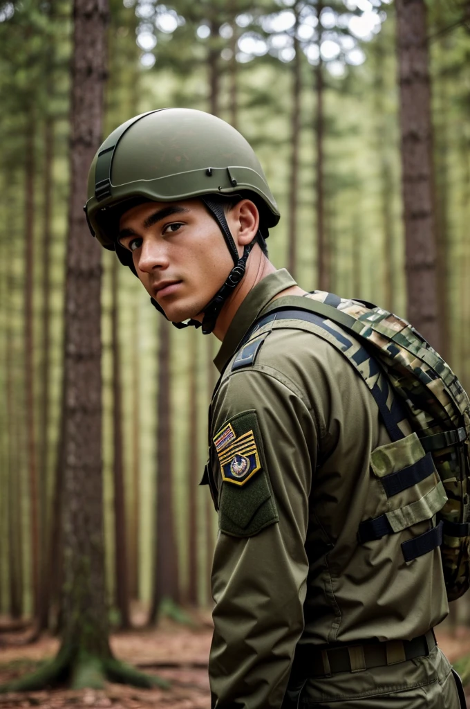 A young man is wearing a military camouflage training uniform with a helmet and is turning his back.  A face looks at the camera at an angle of 45° against a backdrop of a forest with bright lights.