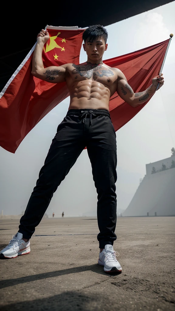 1 Chinese man 2 He holds a flag 8 meters long and it is the flag of China 3 he has a black background 4 he has six-pack abs 5 he has tattoos of Chinese dragons 6 he has pants with Chinese dragons 7 The pants have colors that represent China 