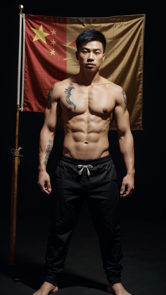 1 Chinese man 2 He holds a flag 8 meters long and it is the flag of China 3 he has a black background 4 he has six-pack abs 5 he has tattoos of Chinese dragons 6 he has pants with Chinese dragons 7 The pants have colors that represent China