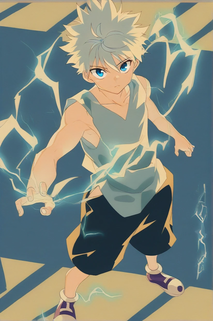 killua_zoldyck, 1boy, solo, looking at viewer, blue eyes, simple background, shirt, closed mouth, standing, full body, white hair, male focus, shoes, shorts, sleeveless, blue background, black shorts, tank top, spiked hair, hand in pocket, electricity, male , score_8_up, rating_safe ,showing armpits