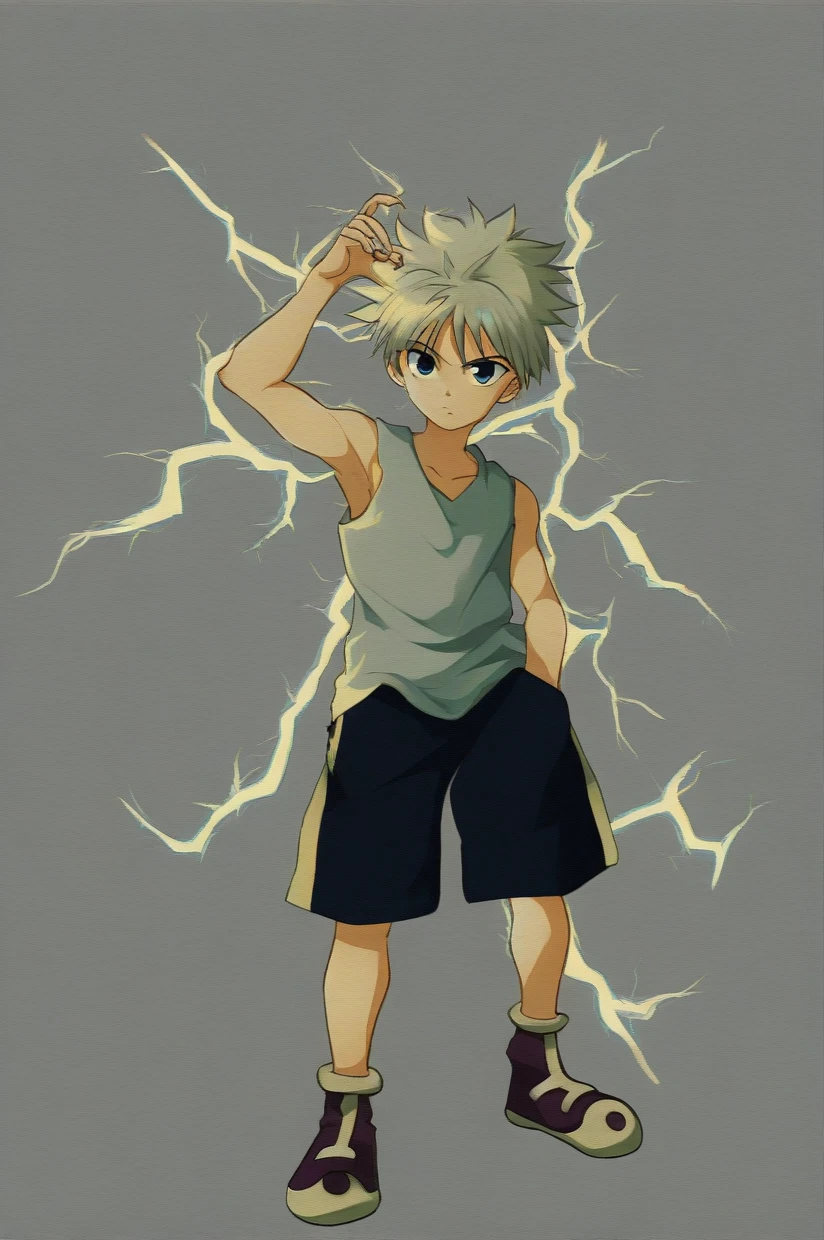 killua_zoldyck, 1boy, solo, looking at viewer, blue eyes, simple background, shirt, closed mouth, standing, full body, white hair, male focus, shoes, shorts, sleeveless, blue background, black shorts, tank top, spiked hair, hand in pocket, electricity, male , score_8_up, rating_safe ,showing armpits