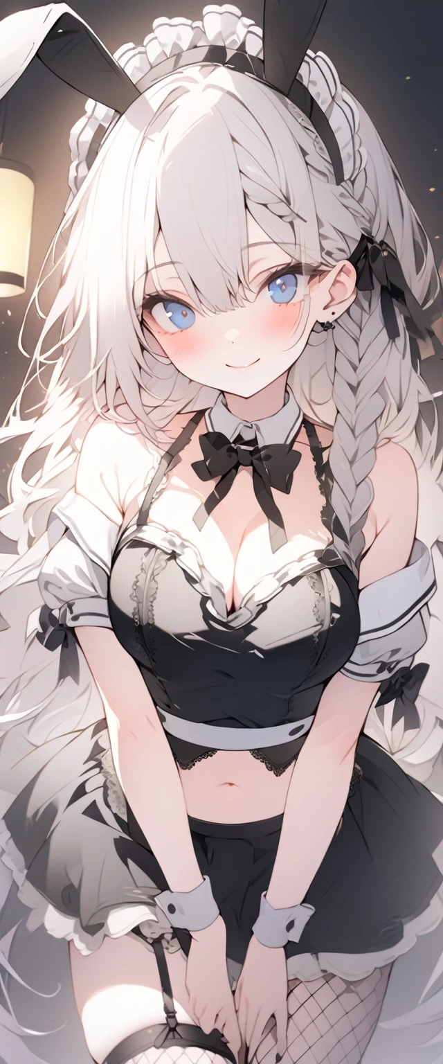 beautiful, masterpiece, Highest quality, anime, One girl, C Cup,Portrait Shot, View your viewers, Covered、Long Hair、nearby、Blue Eyes、art、White hair,black streaked hair, dark atmosphere、Thighs、Braid、Bunny Maid、Fishnet tights、Cafe、smile、garter belt、Crossing legs、skirt、Beer cleavage、navel、No sleeve、Off the shoulder