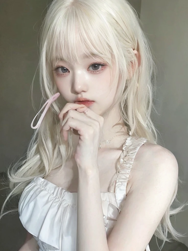 blonde-haired girl with pink scissors in her mouth and a white dress, pale milky white porcelain skin, pale porcelain white skin, anime girl in real life, long white hair and bangs, young pale ghost, chica anime cosplay, extremely pale blonde hair, white hime cut hairstyle, beautiful dolphin, very very pale blonde hair, with long white hair, realistic young anime girl