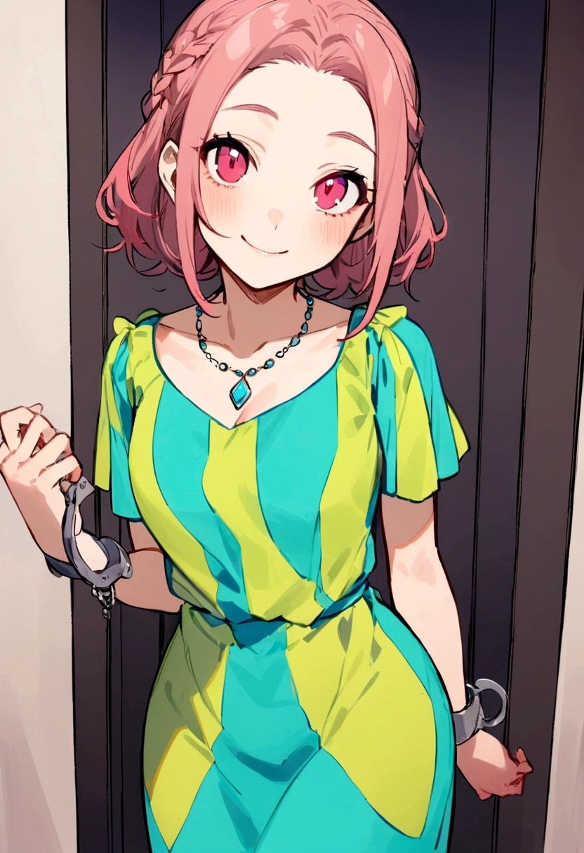 masterpiece, best quality, solo, 1girl, looking at viewer, smile,  fuukap4a, dress, necklace, braid,hand behind her back,arrested,handcuffs,fuuka yamagishi handcuffs behind her back