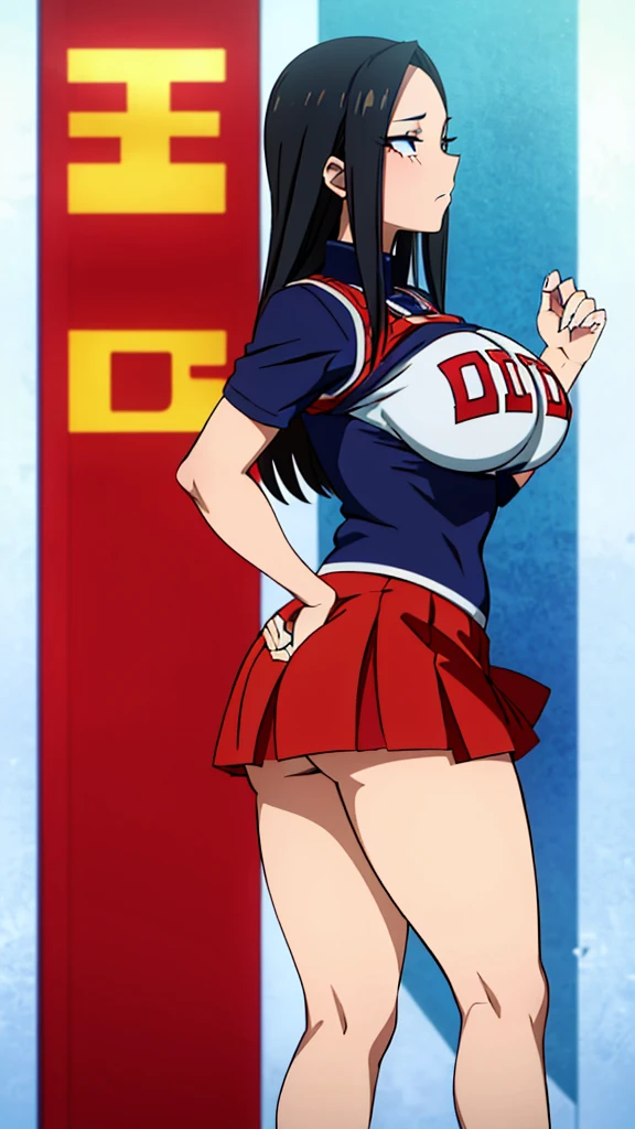 Yaoyorozu , standing , pov from top , big eyes , beautiful face , eyelashes , hot , cheerleader outfit , my hero academia style , big round breasts , sexy , thighs , anime style , cell shading , revealing thighs , side view , lifted skirt , sexy ass