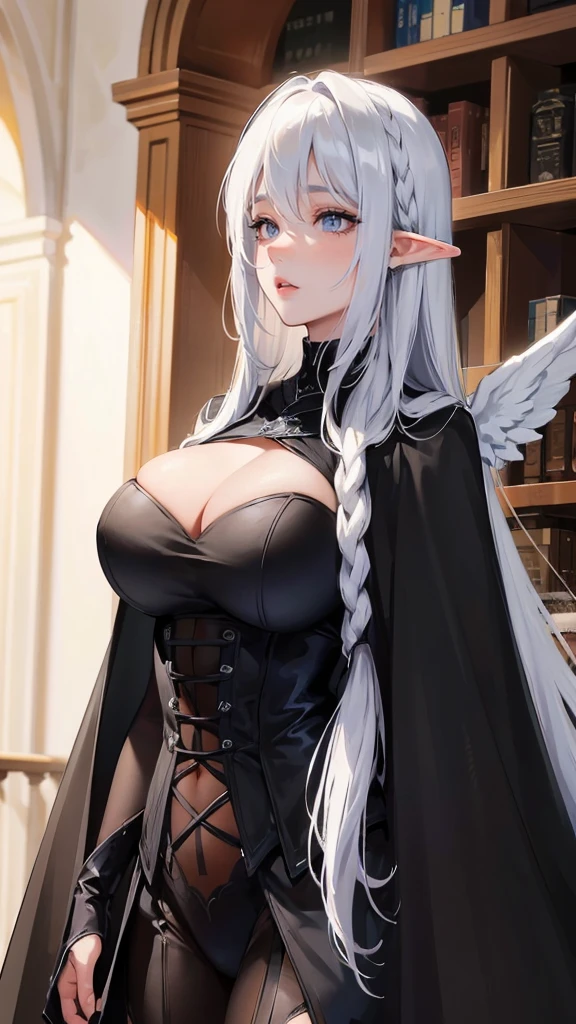 Photograph of the upper body of a beautiful woman, (nomal breasts, perfect body), Sharp focus, (plump body, mature woman), ((Looking ahead)), (Highly detailed skin, hair follicles:1.4,),
( long hairstyles) White hair, blue eyes, reaper.  , Elf ears, fairy tales (dark angel wings) , (wear black cape), darkness,(black cloth)
 , warriors , elegant, luxury, 