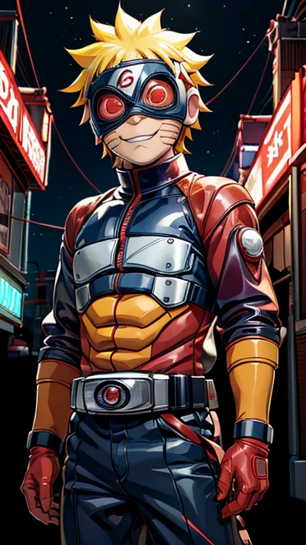 (8k),(masterpiece),(Japanese),(8--old ),((innocent look)),((Childish)),From the front,smile,cute,Innocent,Kind eyes,Flat chest, Uzumaki Naruto,Kamen Rider,red helmet,red domino mask,camisa,Yellow Hair,Strong wind,night,dark, Neon light cyberpunk Konoha village