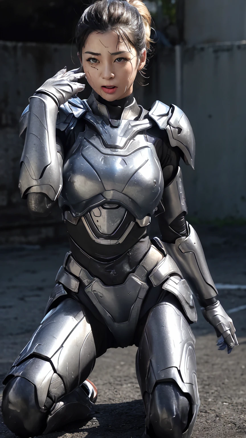 ((Middle-aged women))Textured skin, Super detailed, Attention to detail, high quality, 最high quality, High resolution, 1080P, , (Lie on your back)beautiful,(War Machine),beautifulサイボーグ女性,Mecha Cyborg Girl,()((Heavily damaged armor)),A woman with a feminine mechanical body、Kind Face　Black-haired,Full Body Shot) Boyish short hair、Soaked Face　Steam from the head　、A lot of sweat on the face、A blank look、Sleep on your back、Turn your face at an angle、Open your mouth((Sticking out tongue)、Smoke comes from the whole body((There are deep cracks in the armor all over his body.))(Spread your legs　is visible　squat　water　Chiquita　