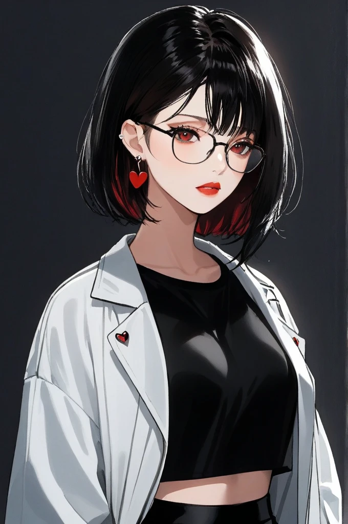 One woman ,wolf cut hairstyle ,red lipstick,black glasses,sharp jawline,face makeup,mole under right eye, heart earrings ,dark red eyes,black crop top,black pants,white jacket